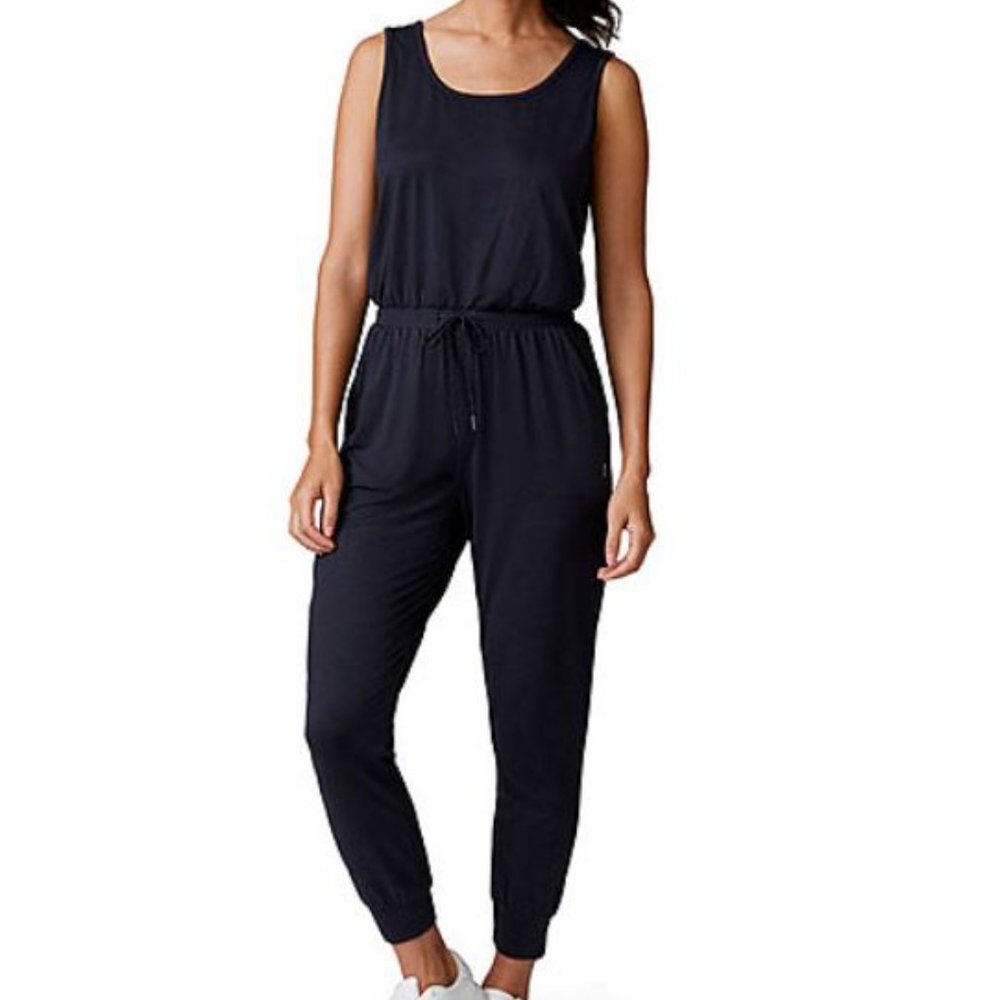 BOGO SALE! REORIA Black One Piece Sleeveless Tank Jumpsuit with Drawstring, Sz L